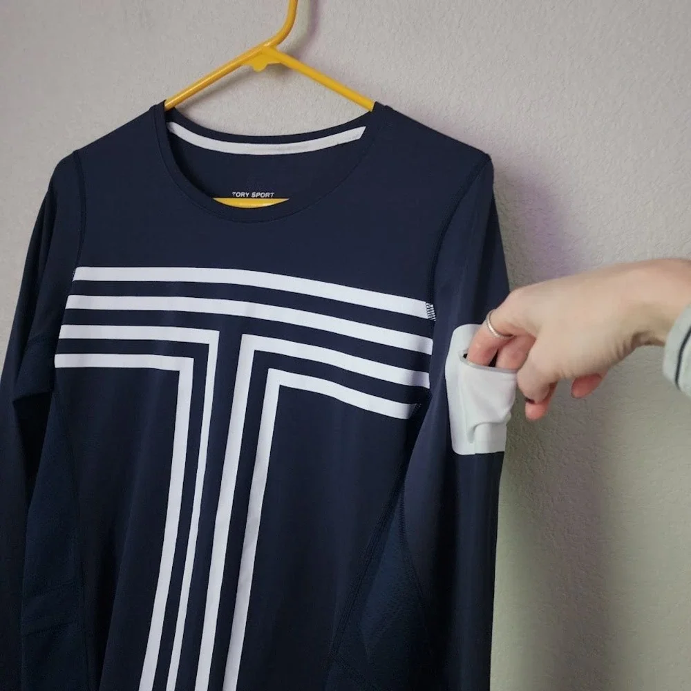 TORY BURCH SPORT Running Active Performance Long Sleeve Graphic Top Striped T XL